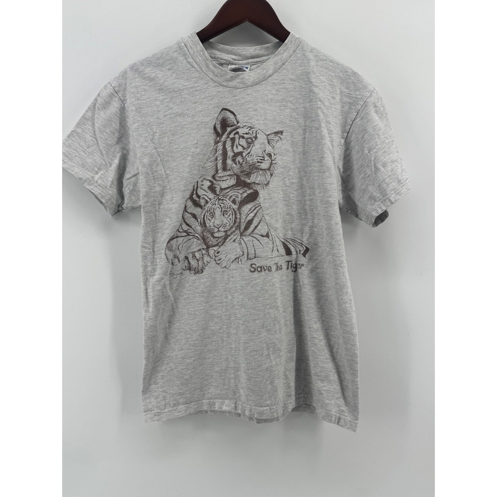 Vintage 1995 Hanes Beefy-T Save The Tiger Graphic Shirt Grey Mens Medium 90s‎
